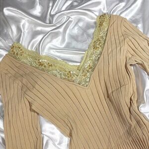 y2k Cache Ribbed Knit Top Tan Lace Sequin V-Neck Long Sleeve Sweater L